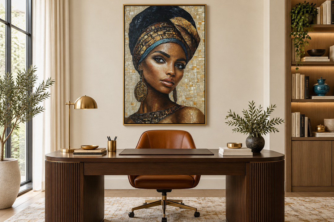 Framed mosaic-style portrait of an African woman in a headwrap above a dark wood executive desk.