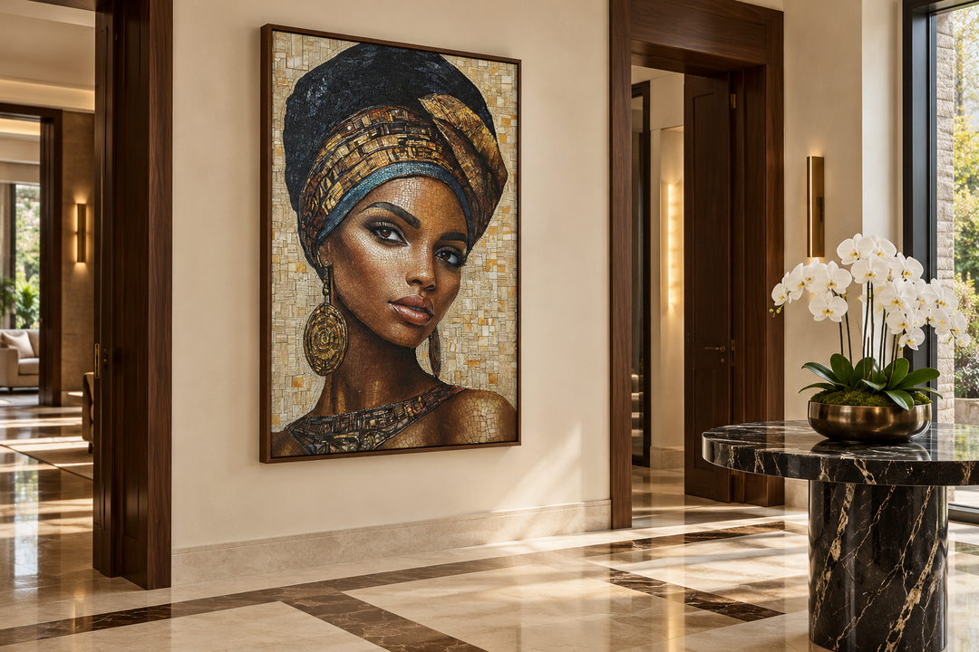 Framed mosaic-style canvas art of an African woman in a headwrap, hanging in a marble foyer.
