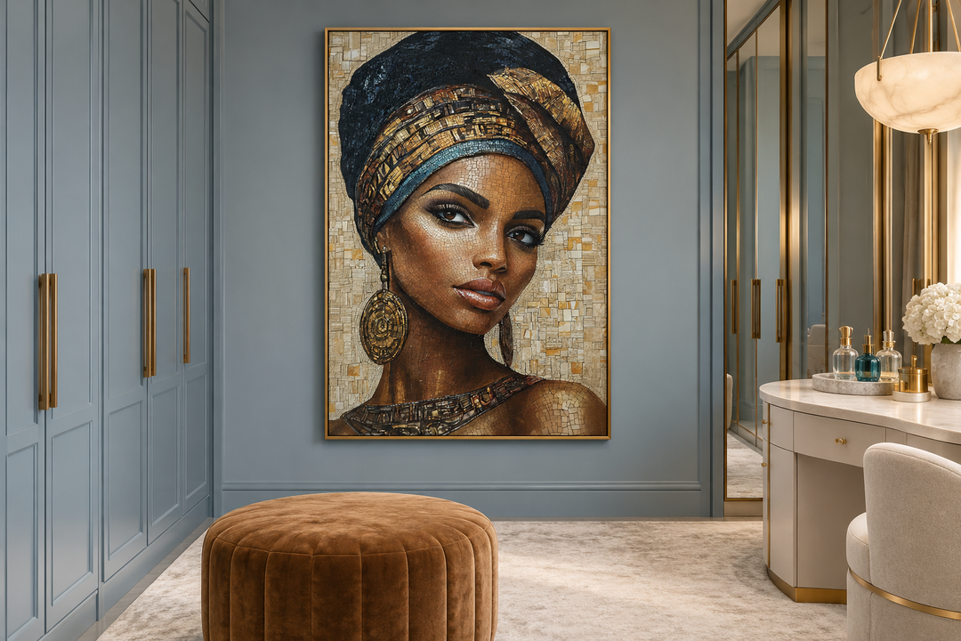 Framed mosaic-style canvas art of an African woman in a headwrap, hung in a modern dressing room.