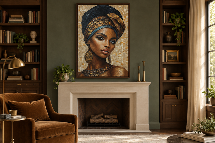 African woman mosaic portrait in a walnut frame hanging above a fireplace in a green library.