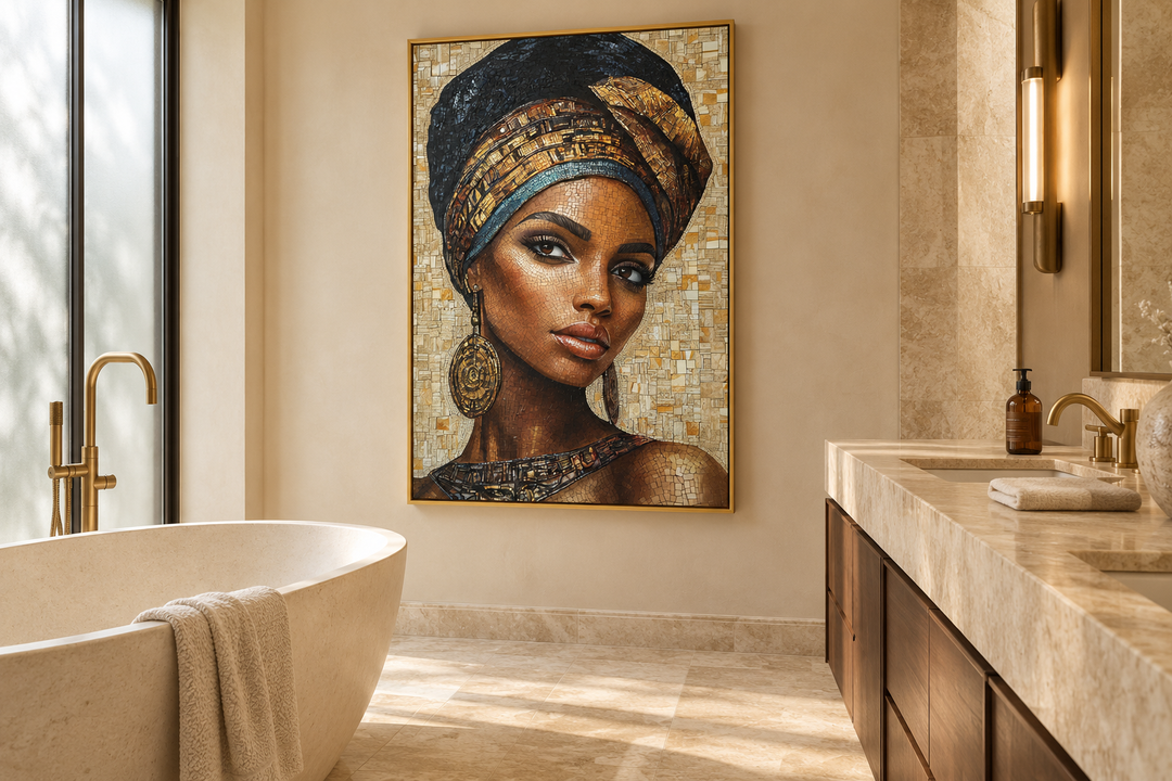 African woman mosaic style portrait in a gold frame, hanging in a modern travertine bathroom.