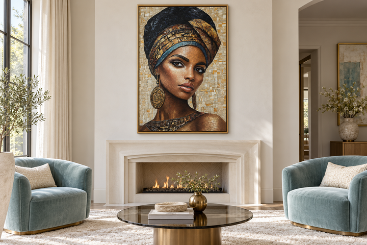 Framed mosaic-style canvas art of an African woman in a headwrap above a fireplace in a living room.