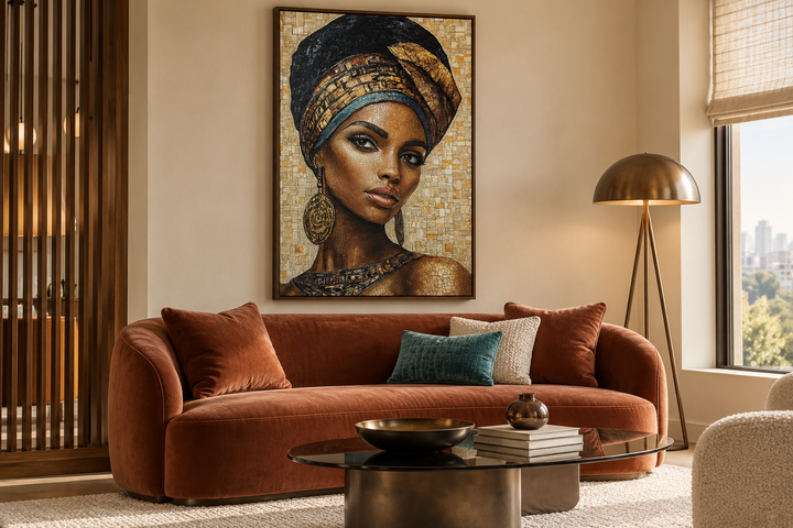 African woman mosaic style beauty portrait framed canvas wall art above a terracotta sofa.