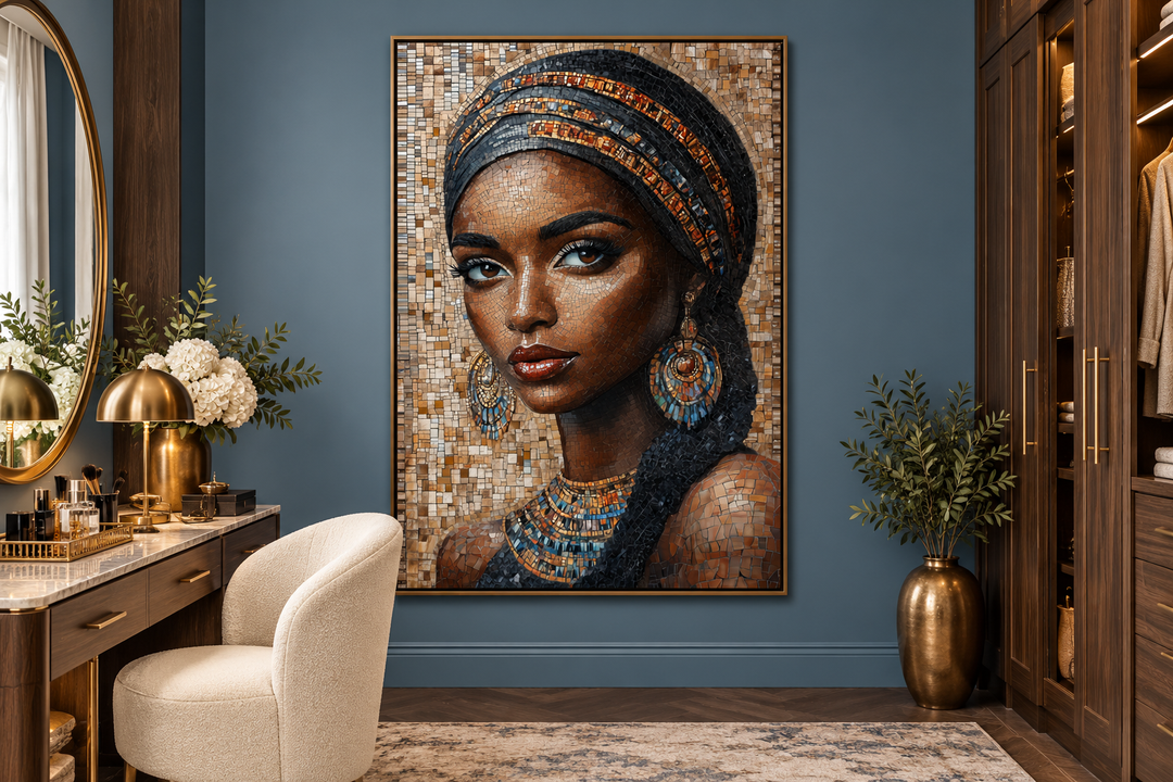 Framed mosaic-style canvas wall art of an African woman in a headwrap, displayed in a dressing room.