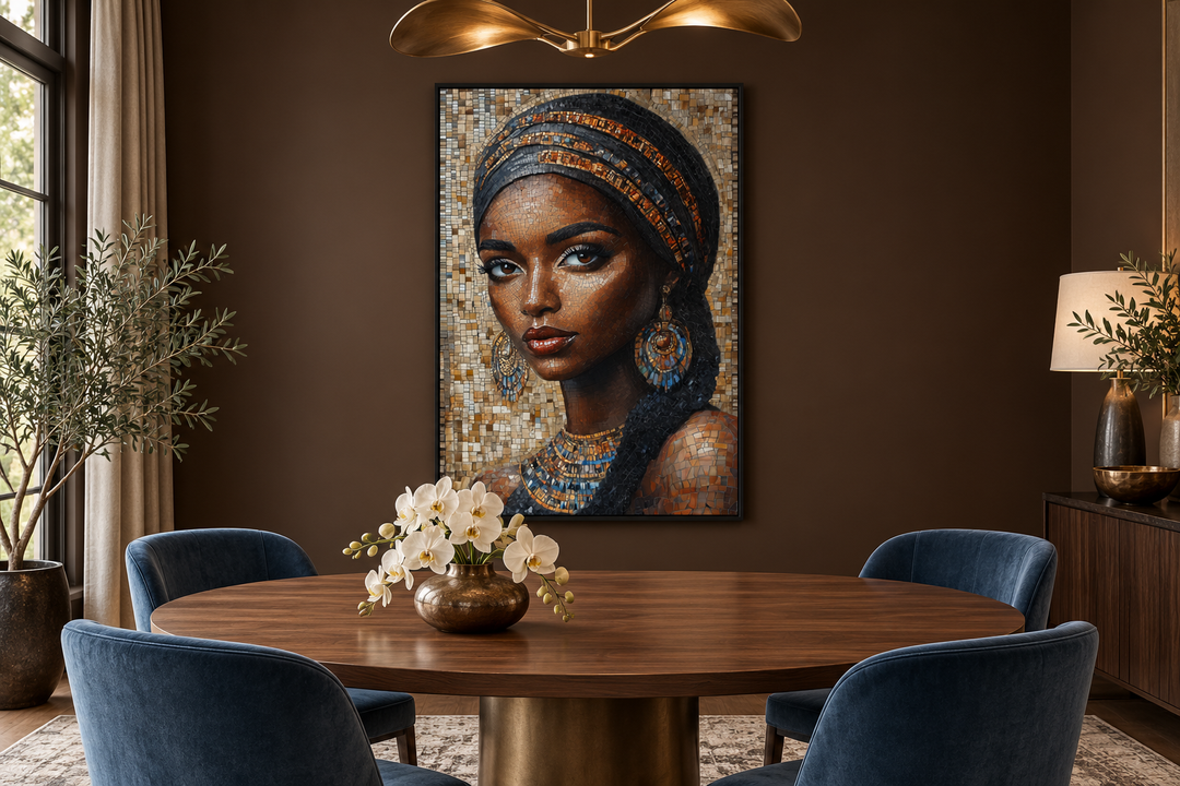 African woman mosaic painting in a black frame, displayed on a brown wall in a dining room.
