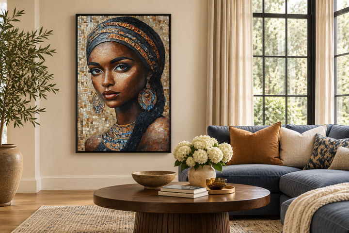 African Woman Mosaic Painting Framed Canvas Wall Art in a modern living room setting.