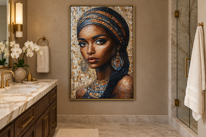 Framed mosaic-style canvas wall art of an African woman in a modern bathroom setting.