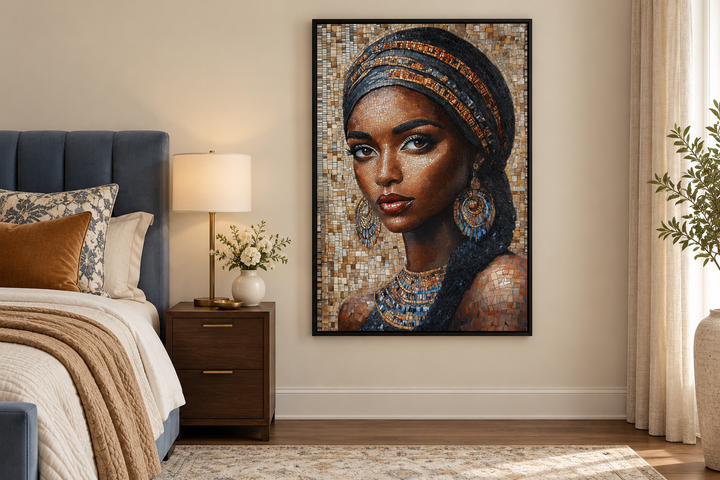 Framed mosaic-style canvas wall art of an African woman in a bedroom with earthy tones.