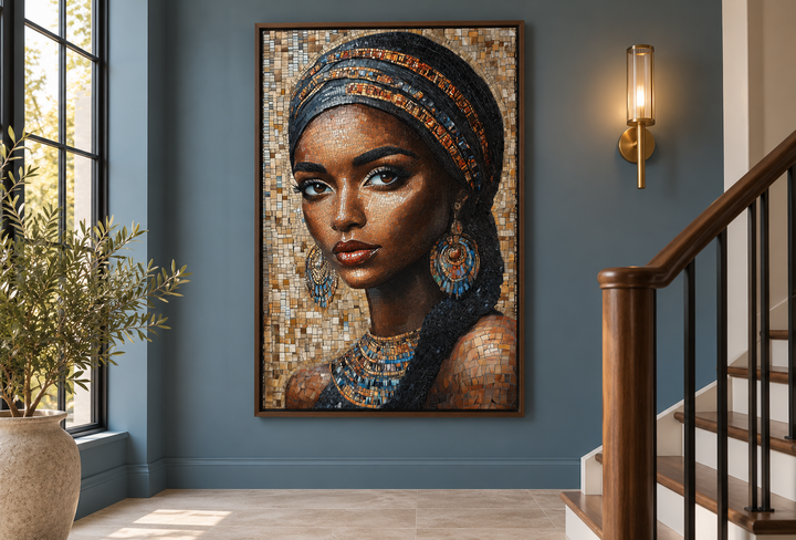 Framed mosaic-style canvas wall art of an African woman in a blue-walled hallway by a staircase.