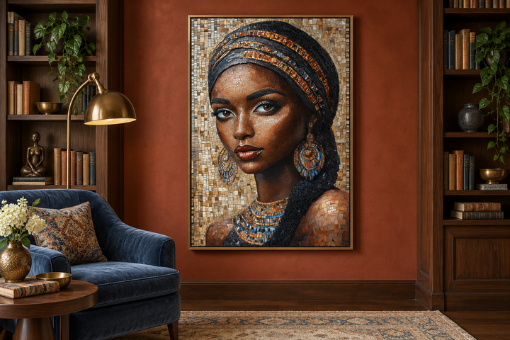 Framed mosaic-style canvas wall art of an African woman in a library setting.
