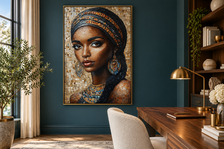 Framed mosaic-style canvas wall art of an African woman in a modern home office setting.