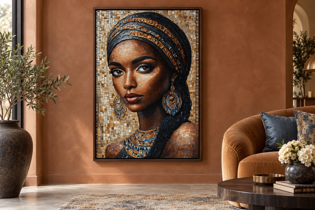 African woman mosaic painting in a black frame on a terracotta wall in a modern living room.