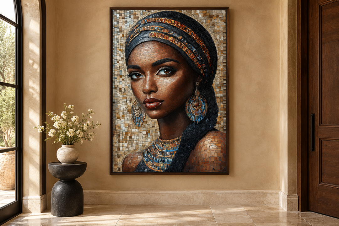 Framed mosaic-style canvas wall art of an African woman in a headwrap, displayed in a warm foyer.