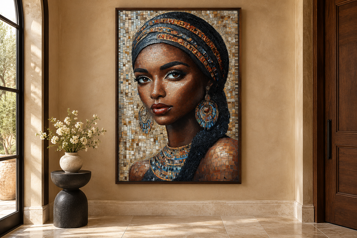 Framed mosaic-style canvas wall art of an African woman in a headwrap, displayed in a warm foyer.