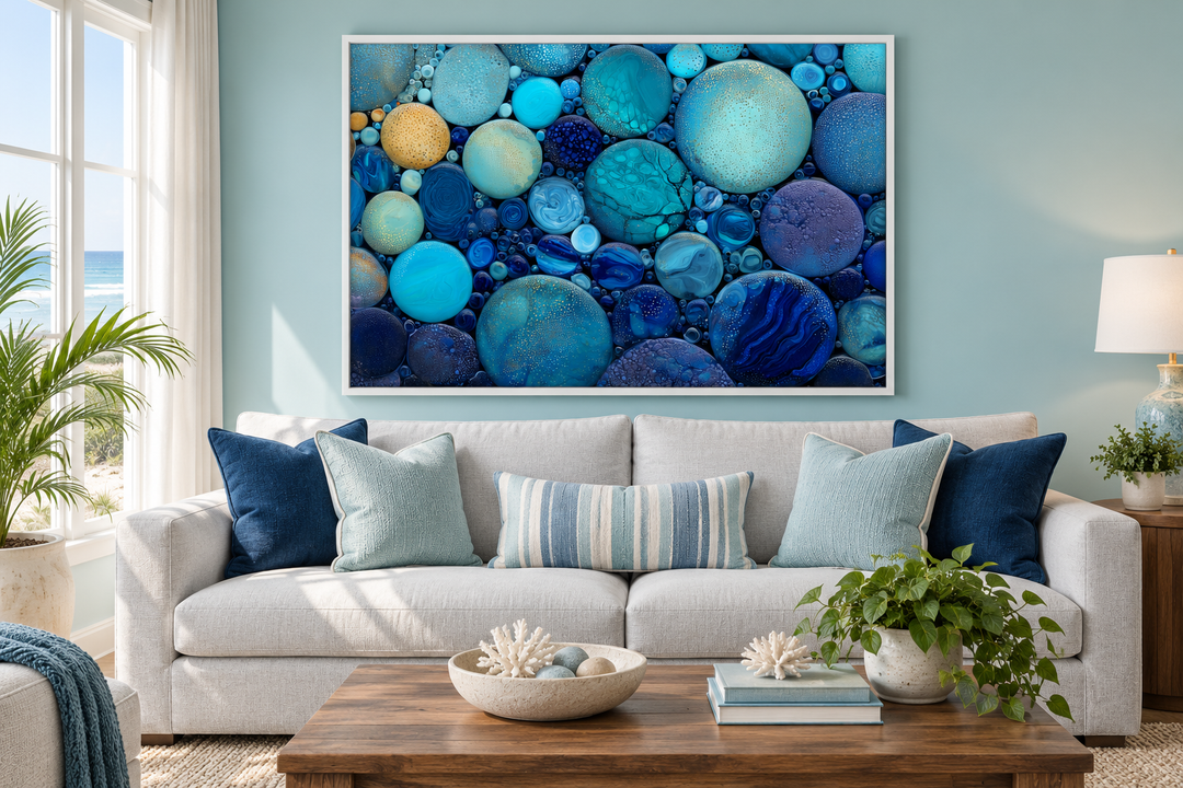 Blue Teal Rocks Abstract Coastal Canvas Wall Art in a white frame above a light gray sofa.