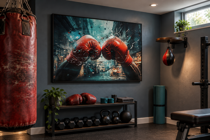 Framed graffiti-style canvas wall art of red boxing gloves in a modern home gym setting.