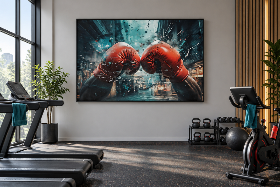 Boxing gloves graffiti painting framed canvas wall art in a modern home gym setting.