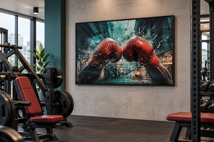 Boxing gloves graffiti painting framed canvas wall art hanging in a modern gym setting.