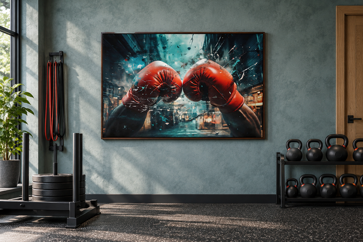 Boxing gloves graffiti painting framed canvas wall art in a modern home gym setting.