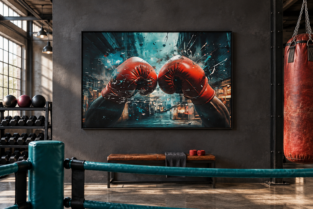 Framed graffiti-style canvas wall art of red boxing gloves in a modern industrial gym setting.