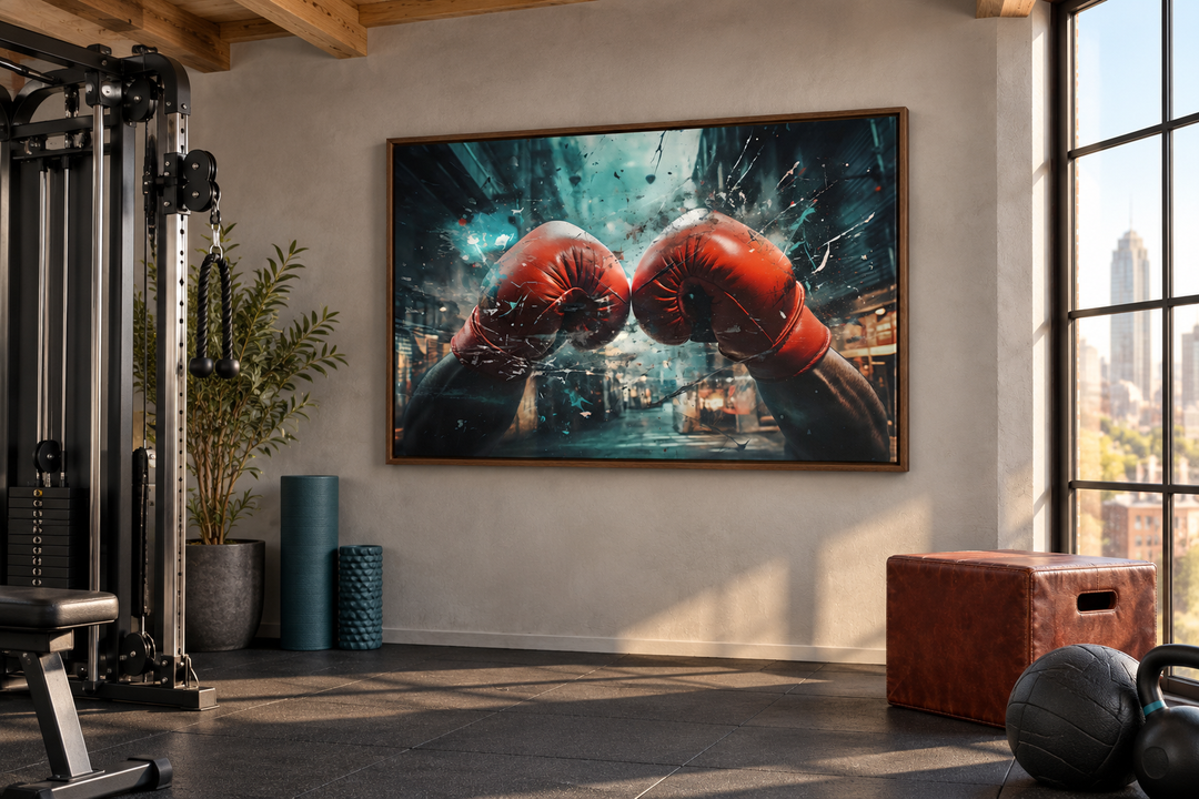 Boxing gloves graffiti painting framed canvas wall art in a modern home gym setting.