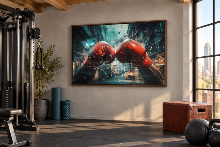 Boxing gloves graffiti painting framed canvas wall art in a modern home gym setting.