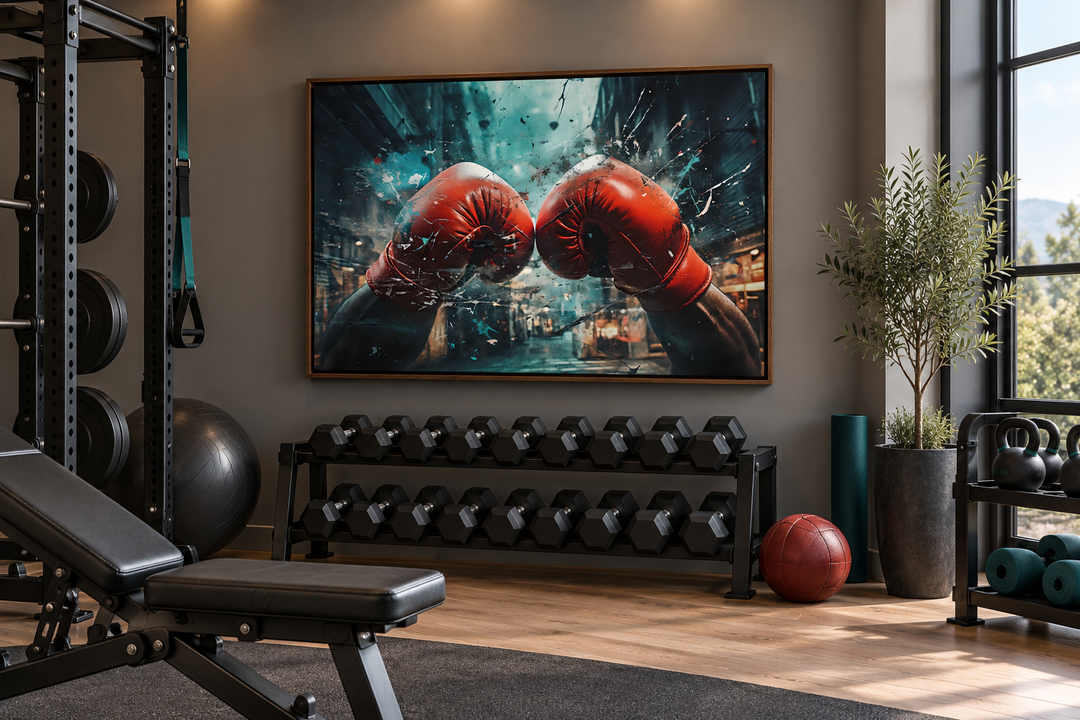 Framed graffiti-style canvas art of red boxing gloves in a modern home gym setting.