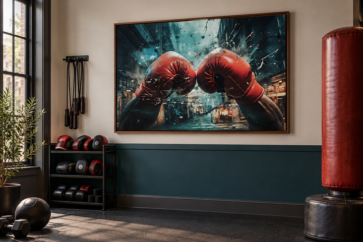 Boxing gloves graffiti painting on framed canvas wall art in a home gym setting.