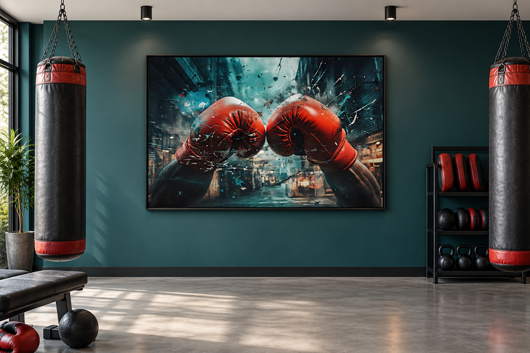 Boxing gloves graffiti painting on framed canvas wall art in a modern home gym setting.
