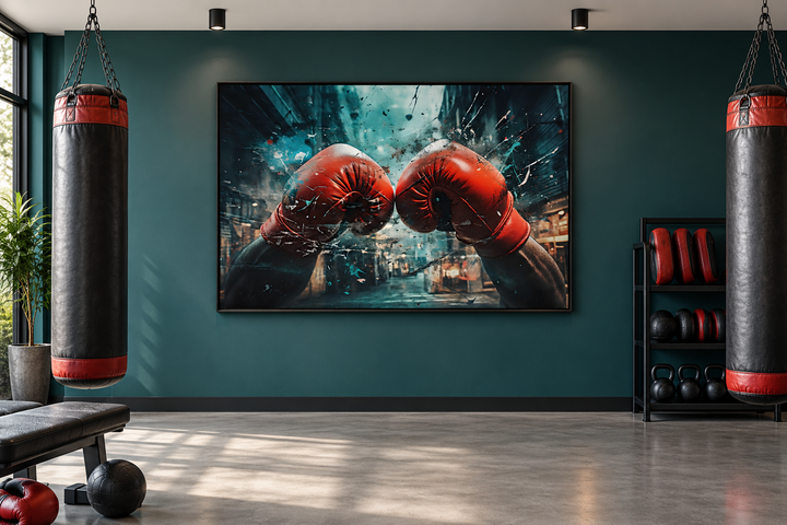 Boxing gloves graffiti painting on framed canvas wall art in a modern home gym setting.
