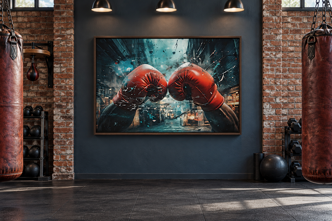 Boxing gloves graffiti painting on framed canvas in a gym with punching bags and brick walls.