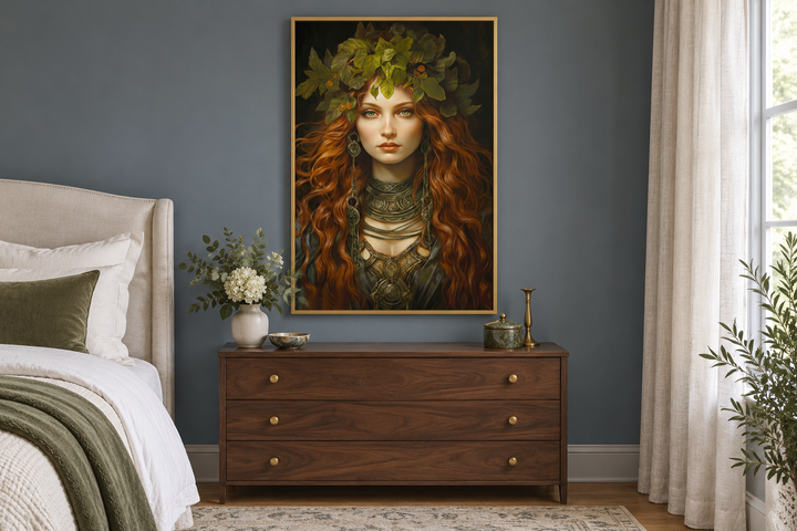 Brigid Celtic Goddess framed canvas wall art above a wooden dresser in a blue-gray bedroom.