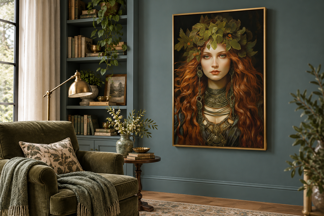Brigid Celtic Goddess framed canvas wall art in a gold frame on a dark teal wall.
