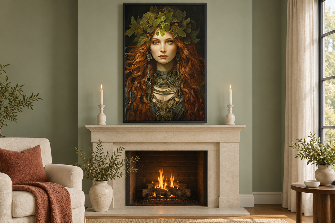 Brigid Celtic Goddess framed canvas wall art hanging above a fireplace in a cozy living room.