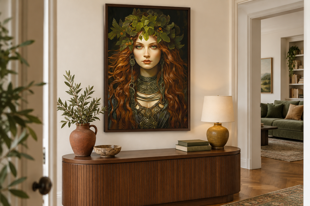 Framed canvas wall art of Brigid Celtic Goddess with red hair and leaf crown above a wooden console.