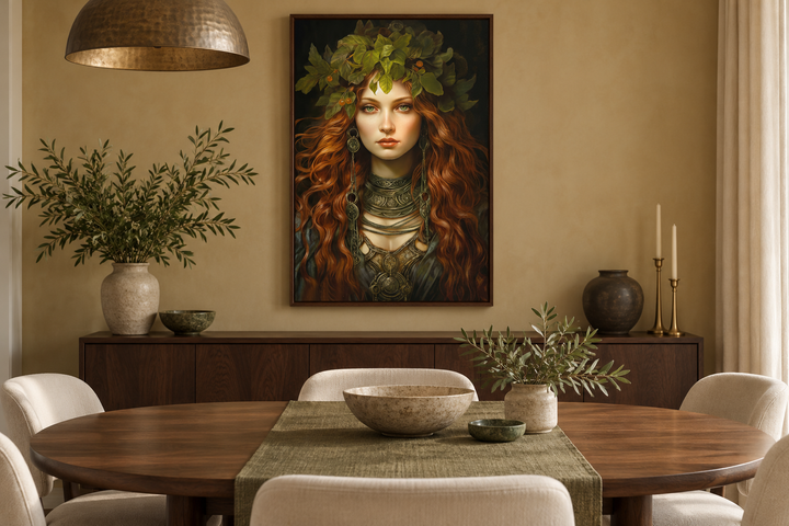 Brigid Celtic Goddess framed canvas wall art hanging in a warm, earth-toned dining room.