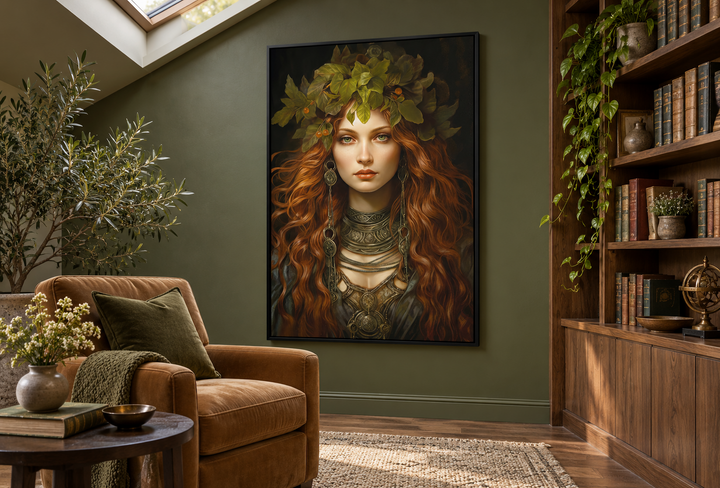 Brigid Celtic Goddess framed canvas wall art in a black frame, hanging in a green-walled library.