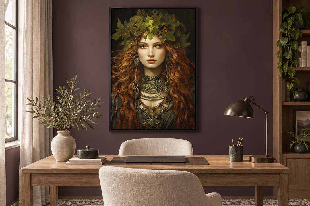Brigid Celtic Goddess framed canvas wall art hanging above a desk in a home office.