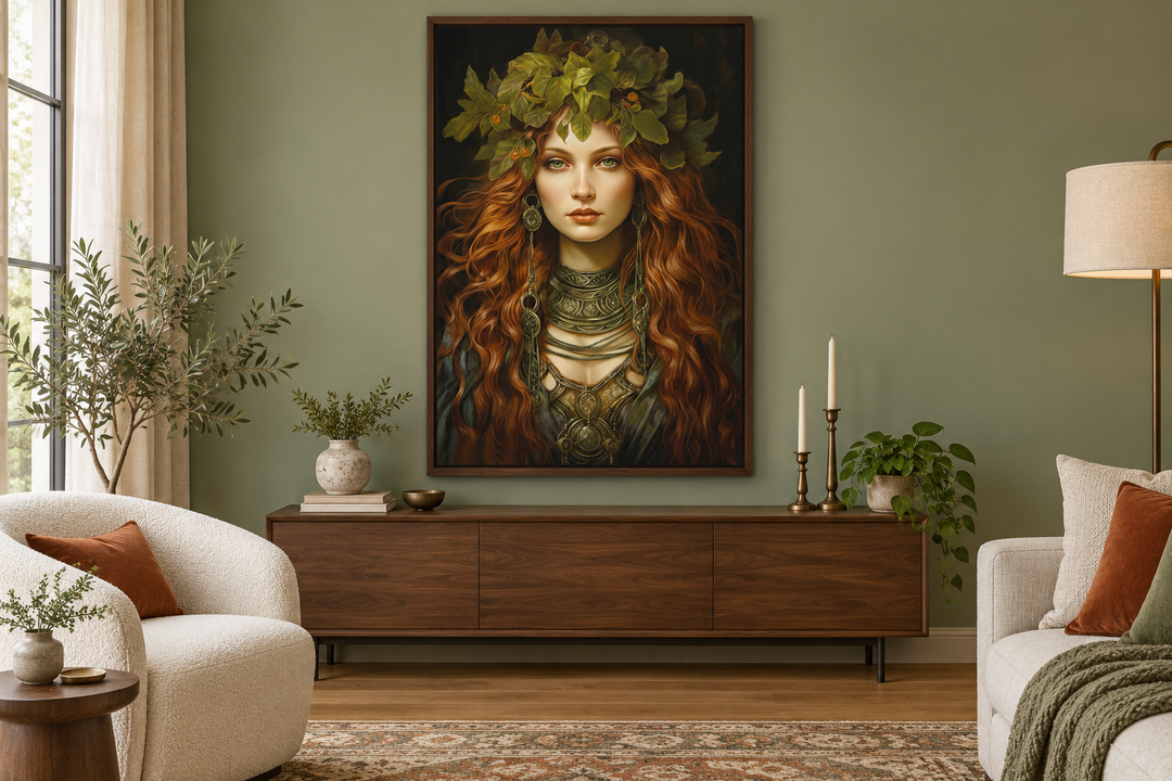 Brigid Celtic Goddess framed canvas wall art above a walnut sideboard in a sage green living room.