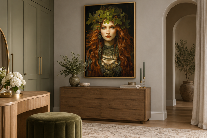 Brigid Celtic Goddess framed canvas wall art featuring a woman with red hair and a leaf crown.