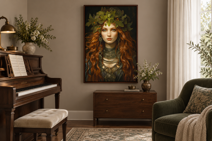 Framed canvas wall art of Brigid Celtic Goddess with red hair and green leaf crown in a music room.