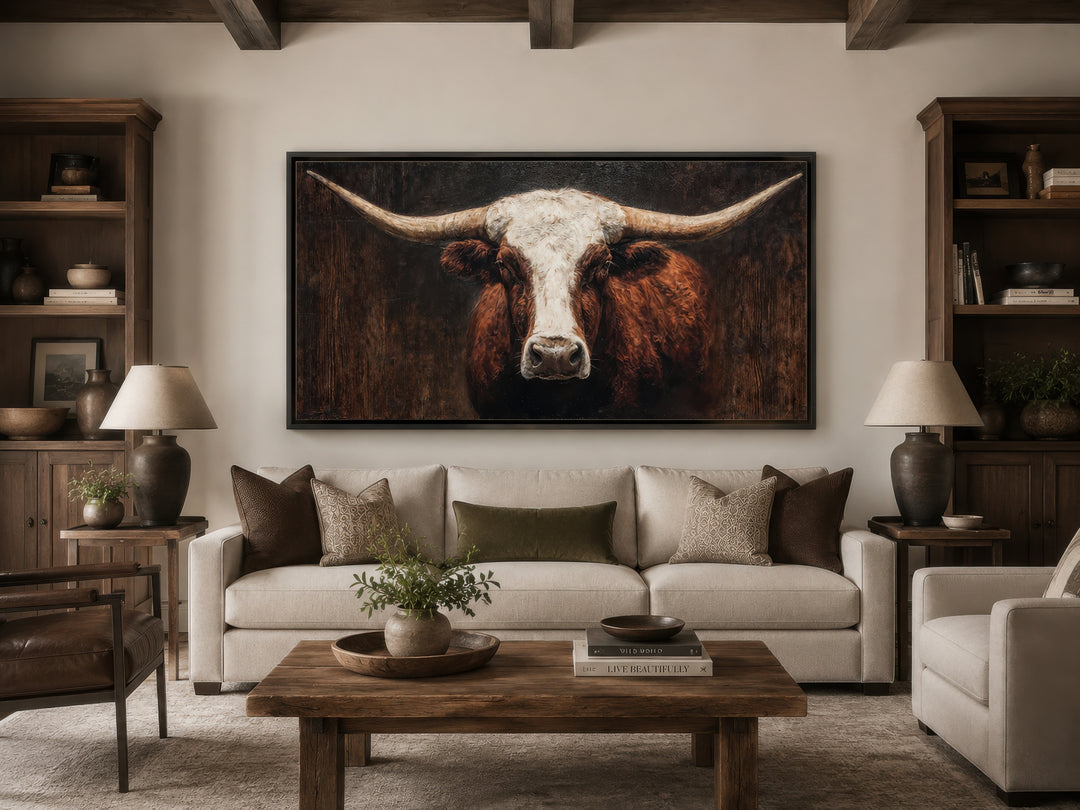 Extra large canvas wall art featuring a close-up painting of a brown and white Texas longhorn bull.
