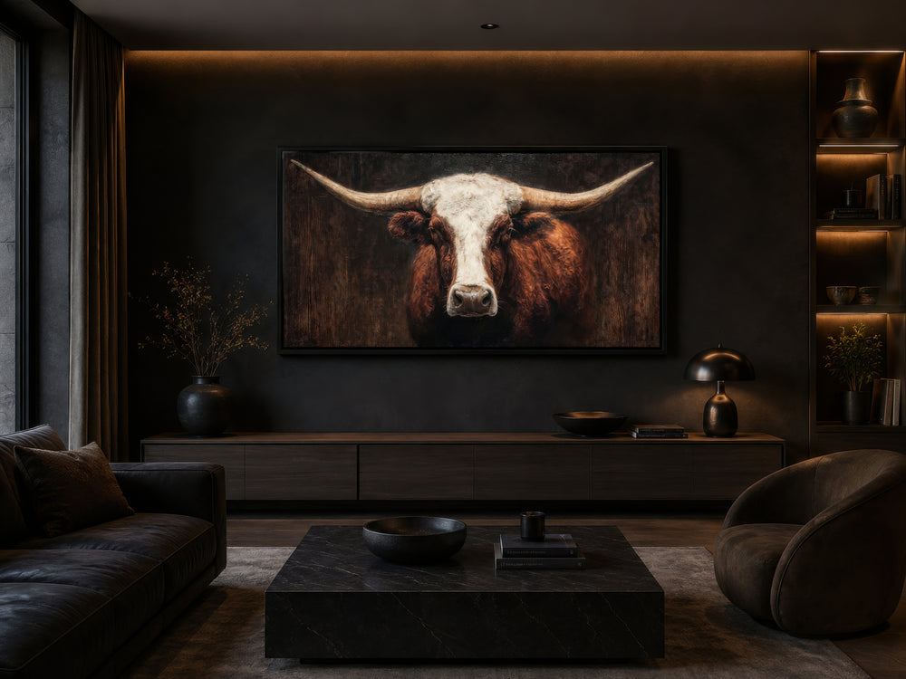 Extra large canvas wall art featuring a detailed brown and white Texas Longhorn bull portrait.