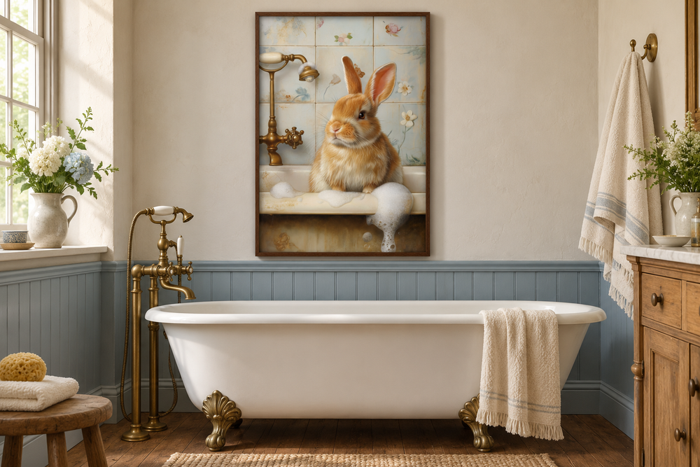 Framed canvas wall art of a brown bunny in a bathtub, hanging in a rustic cottage bathroom.