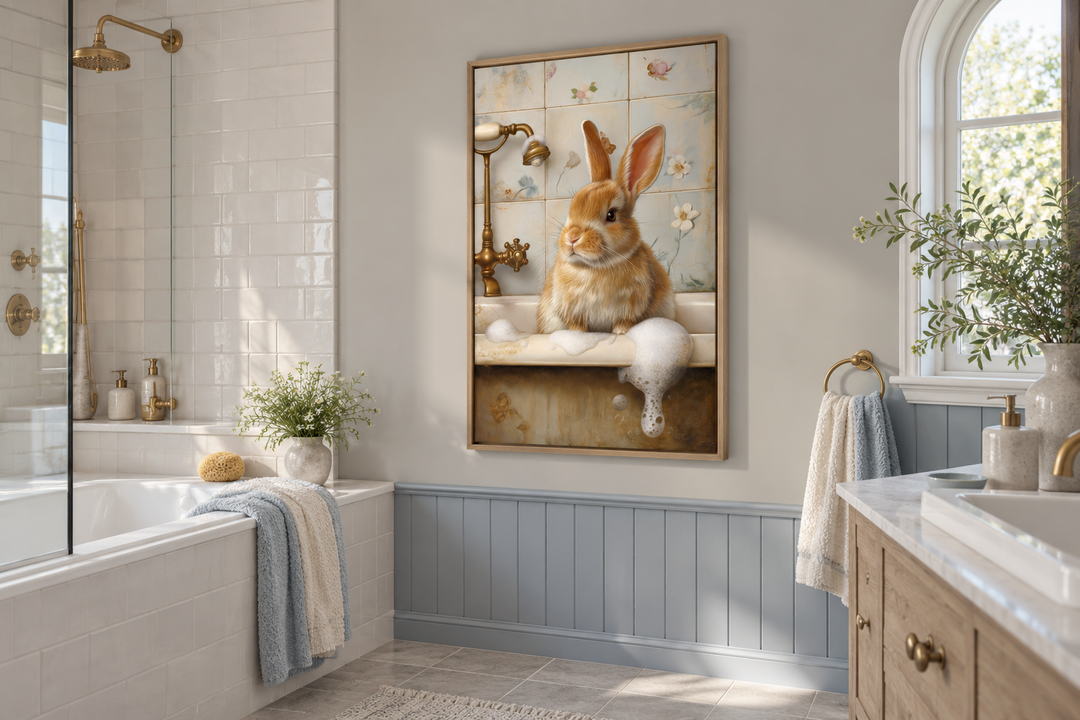 Bunny in the Bathtub framed canvas wall art hanging in a bright, rustic bathroom.