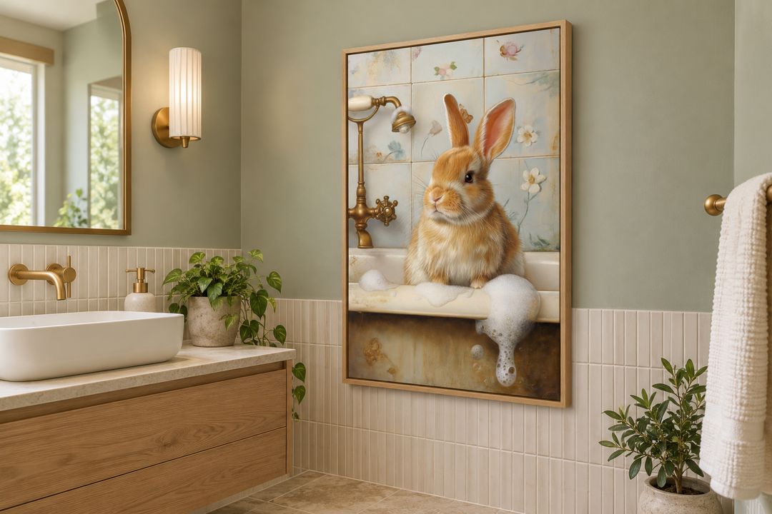 Bunny In The Bathtub Framed Canvas Wall Art hanging in a modern sage green bathroom.