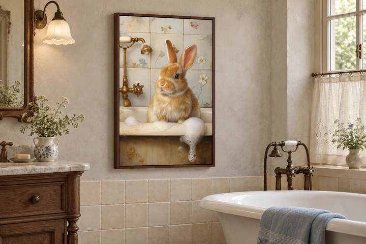 Framed canvas wall art of a brown bunny in a bubble bath, hanging in a rustic bathroom.
