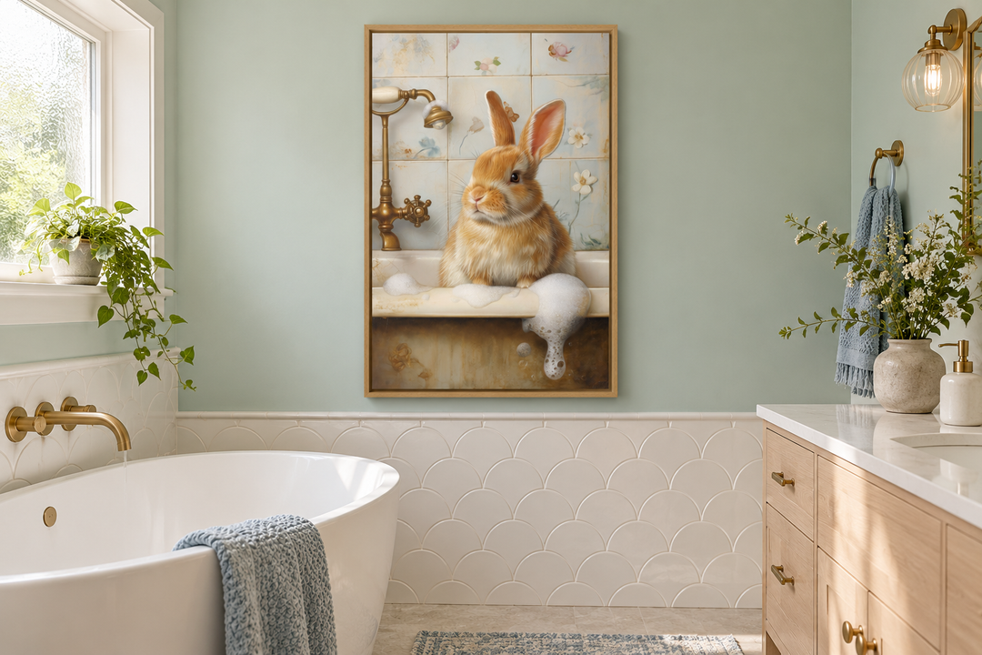Bunny In The Bathtub Framed Canvas Wall Art hanging in a modern mint green bathroom.