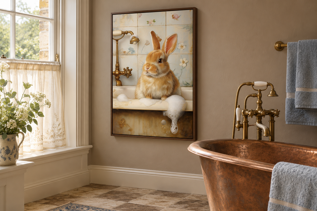 Framed canvas wall art of a brown bunny in a bubble bath, hanging in a rustic bathroom.