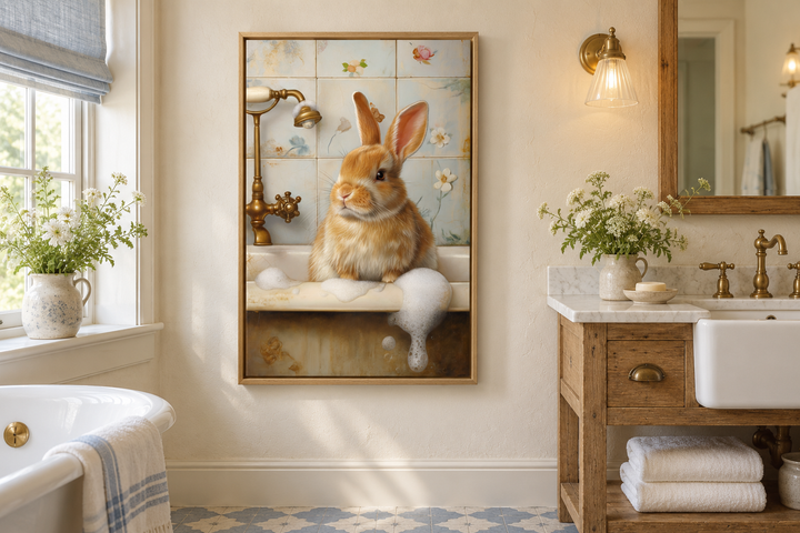 Bunny In The Bathtub Framed Canvas Wall Art hanging in a rustic farmhouse bathroom.